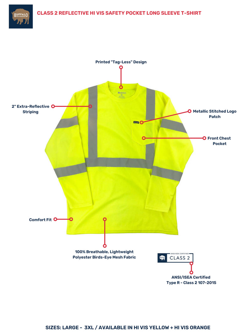 Buffalo Outdoors® Workwear Class 2 Reflective Hi Vis Safety Pocket Long Sleeve T-Shirt - Yellow
